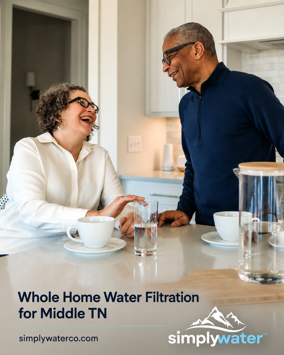 A couple in a modern kitchen with a glass of clean, filtered water