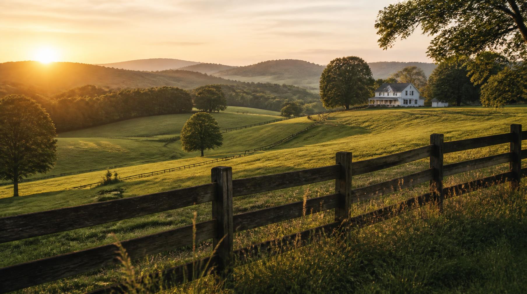 Rolling Middle Tennessee farmland at golden hour with a farmhouse in the distance